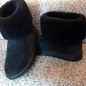 Abeo Black Suede Fur Cuff Booties with Sheepskin Lining
